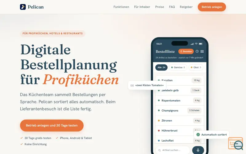 Screenshot of Pelican | Bestellplanung für die professionelle Gastronomie