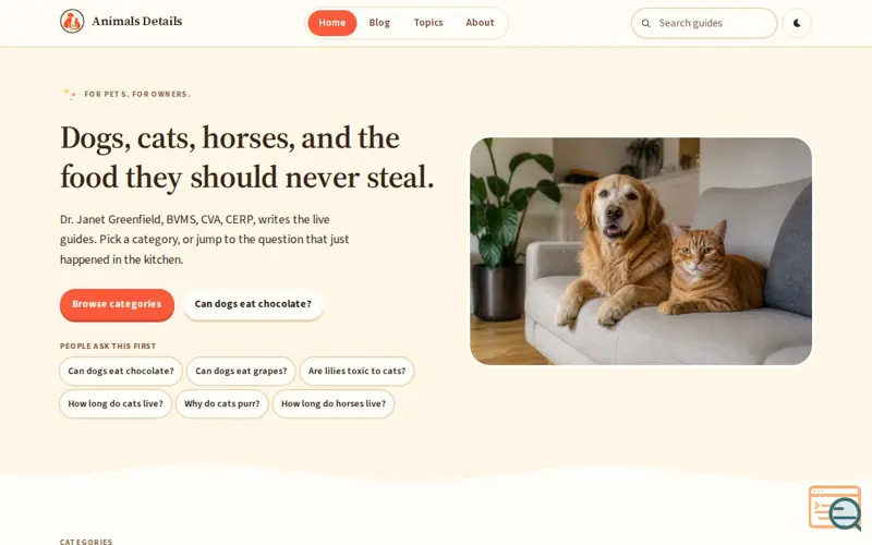 Screenshot of Animals Details · Pet owner guides
