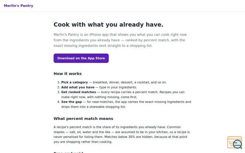 Screenshot of Merlin's Pantry — cook with what you have