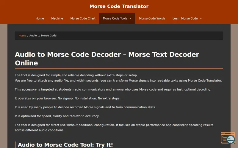 Screenshot of Morse Code Translator, a launch using Histats