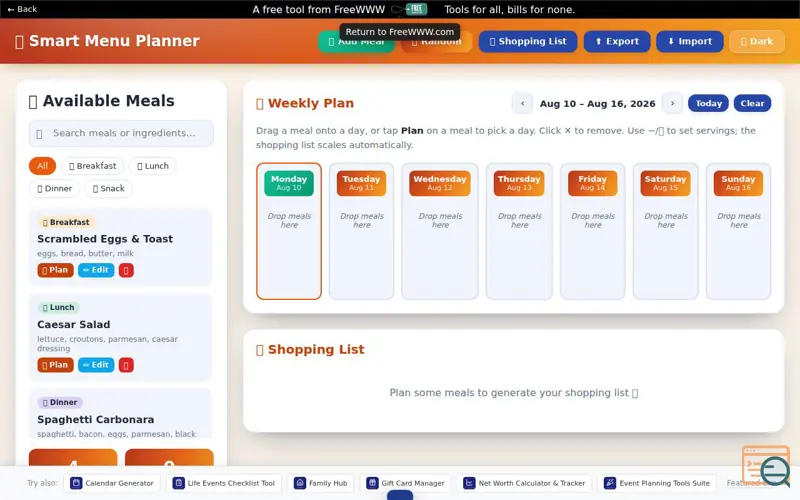 Screenshot of Menu Planner