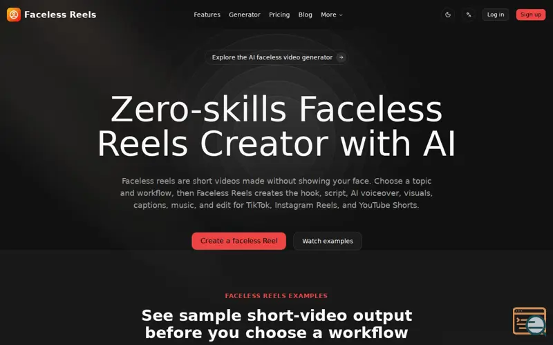 Screenshot of Faceless Reels, a launch using AIExtension