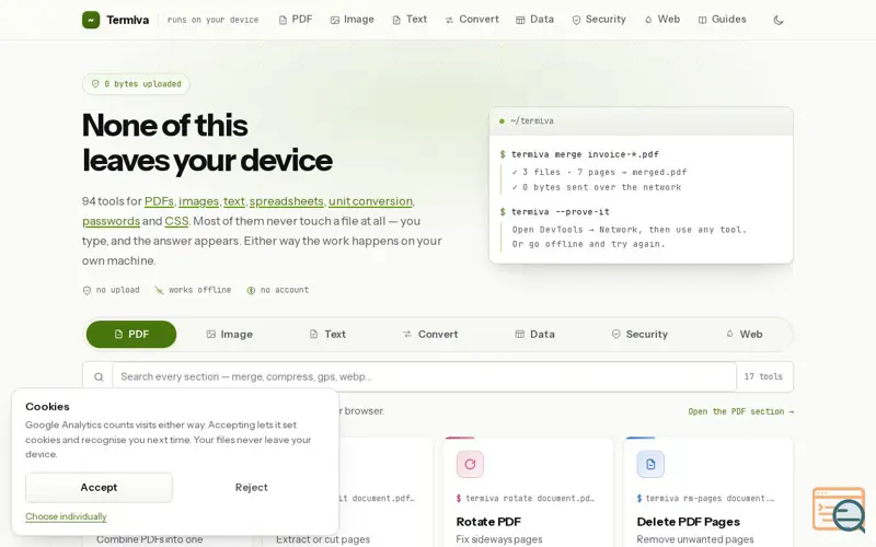 Screenshot of Termiva — tools that run in your browser, not on a server