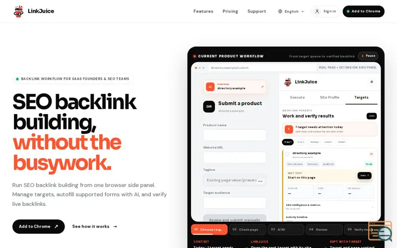 Screenshot of Backlink Management for Hands-On Link Building | LinkJuice, a launch using SmolLaunch