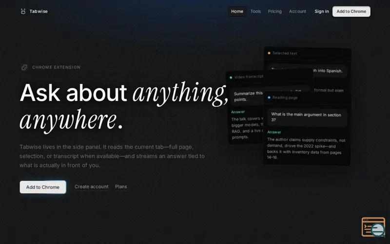 Screenshot of Tabwise — questions about the page you are on