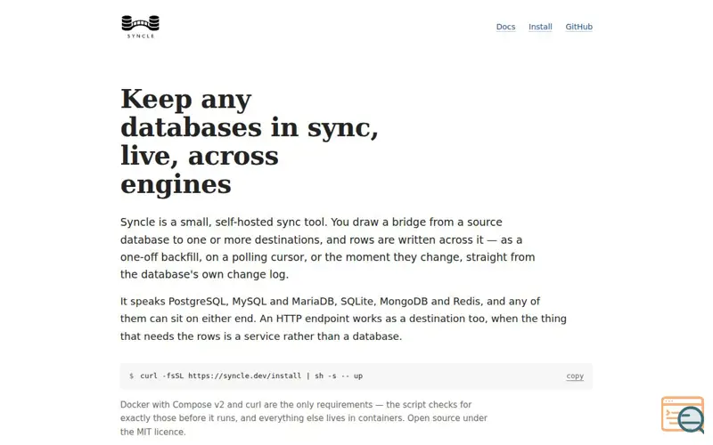 Screenshot of Syncle — keep any databases in sync, live, across engines