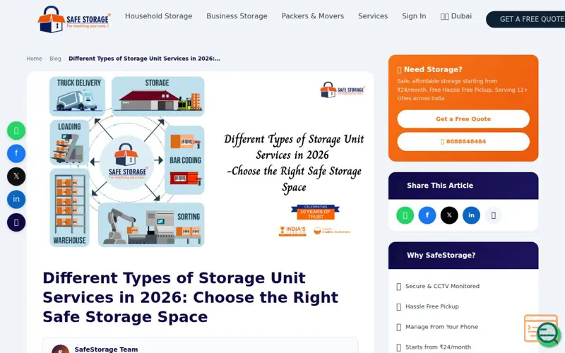 Screenshot of Different Types of Storage Unit Services