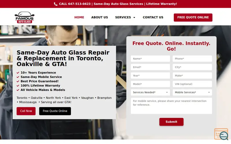 Screenshot of famousautoglass.ca, a launch using ClickCease