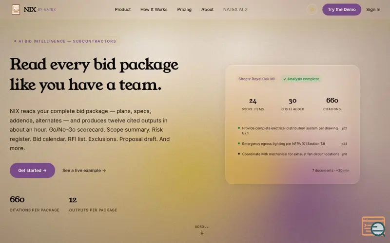 Screenshot of NIX, Bid Intelligence for Subcontractors