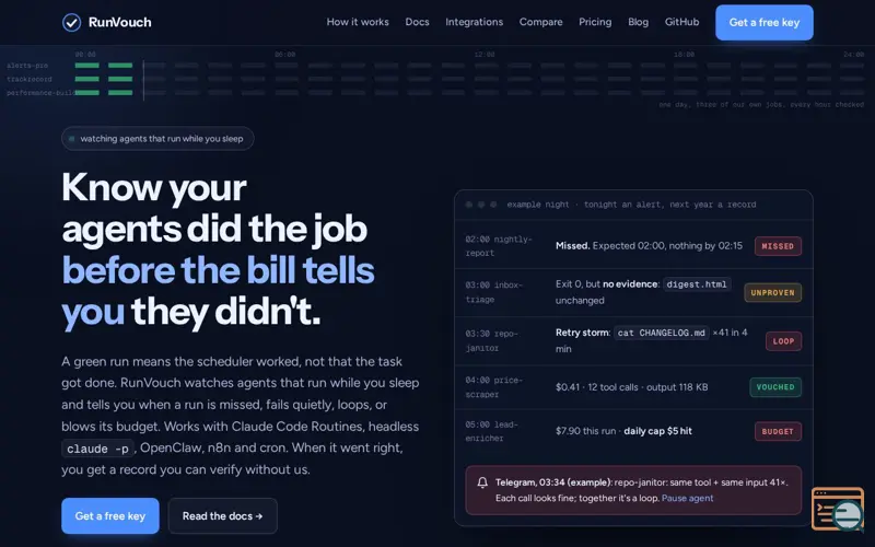 Screenshot of RunVouch: the watchdog for unattended AI agents