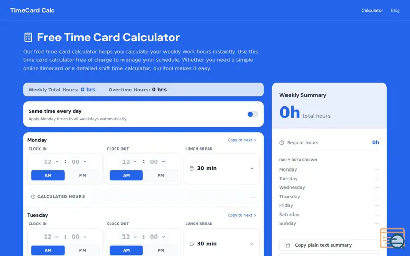 Screenshot of TimeCard Calc