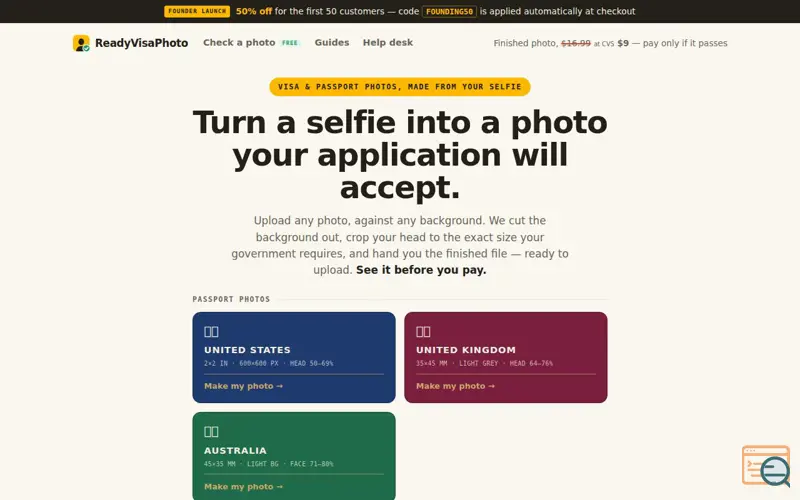 Screenshot of Visa & Passport Photo Maker Online — Pay Only If It Passes