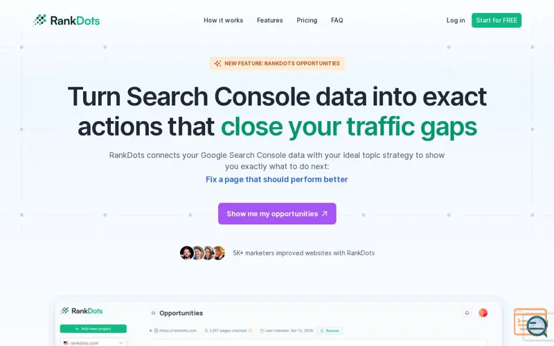 Screenshot of RankDots Opportunities, a launch using Link-Assistant (SEO PowerSuite)
