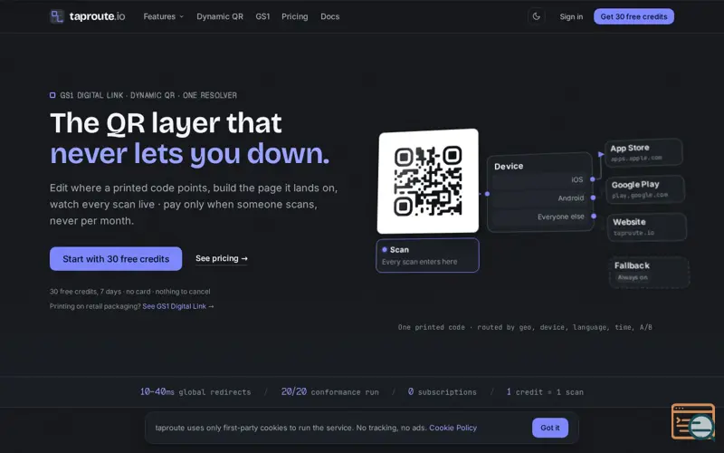 Screenshot of taproute — Dynamic QR codes at the edge