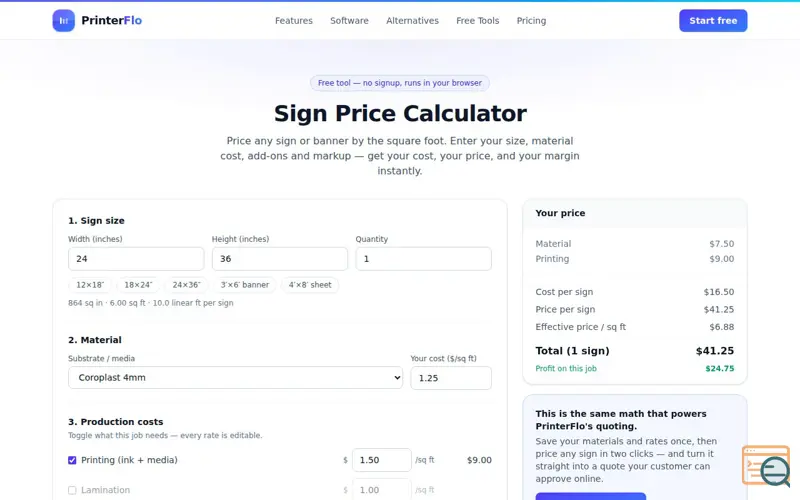 Screenshot of Free Sign Price Calculator — Price Signs
