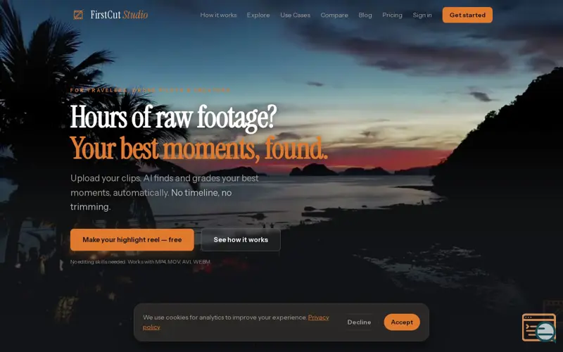 Screenshot of FirstCut Studio, a launch using The SaaS Dir