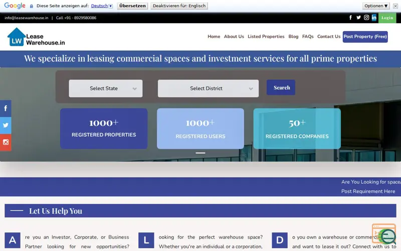 Screenshot of leasewarehouse.in, a launch using GetButton