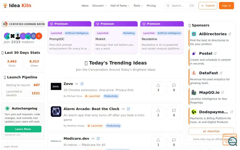 Screenshot of Idea Kiln, a launch using Buy Me a Coffee