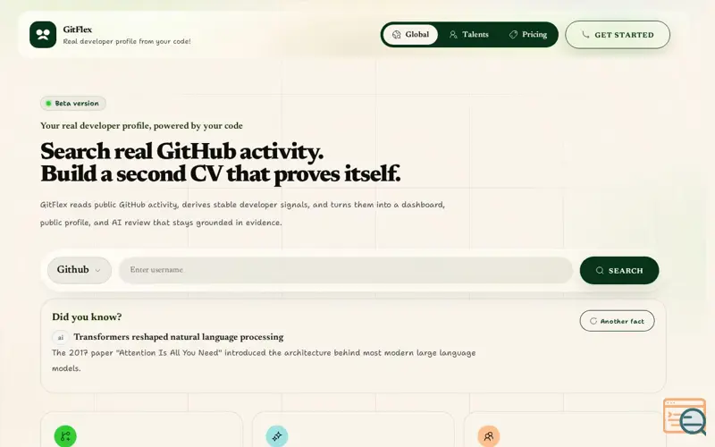 Screenshot of GitFlex — Real developer profile from your GitHub