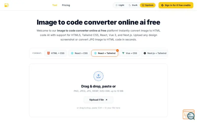Screenshot of Image to Code