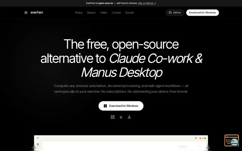 Screenshot of EverFern | Free alternative to Claude Co-work & Manas Desktop