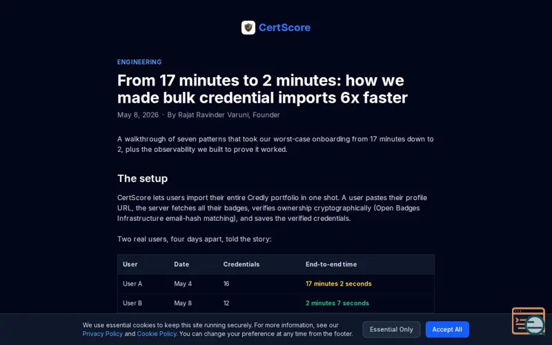 Screenshot of Certscore, a launch using Credly
