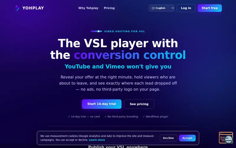 Screenshot of Yohplay — Video hosting for VSL with conversion control