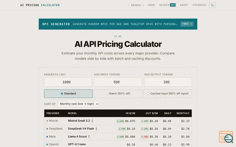 Screenshot of API cost calculator
