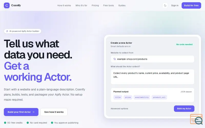 Screenshot of Cosnify — Build Apify Actors Without the Busywork