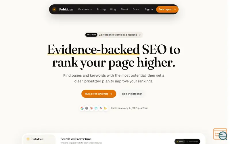 Screenshot of SEO insights from pages that already rank | Unhidden