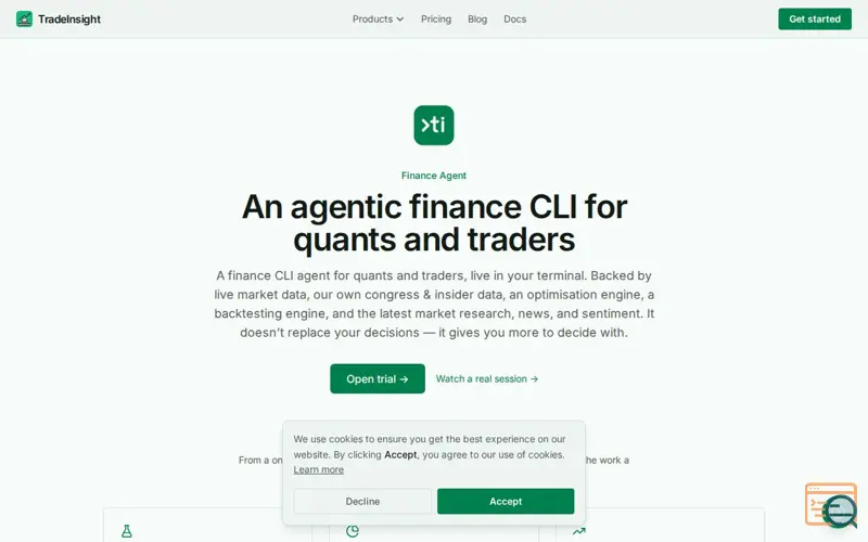 Screenshot of ti — AI Agent for Quants & Traders, a launch using Remix