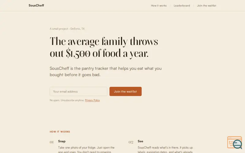 Screenshot of SousCheff, a launch using Name.com Email