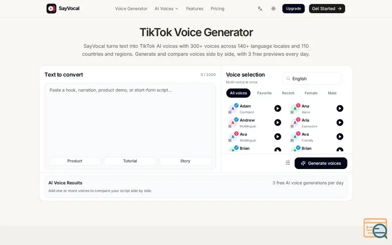 Screenshot of TikTok Voice Generator: 300+ AI Voices, Side-by-Side Compare