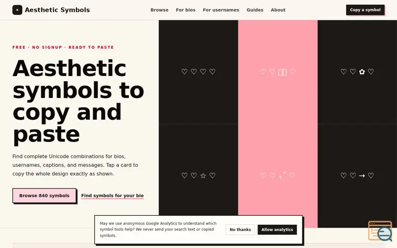 Screenshot of Aesthetic Symbols to Copy and Paste