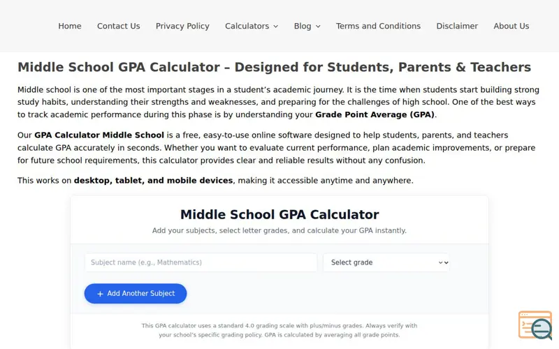 Screenshot of Middle School GPA Calculator