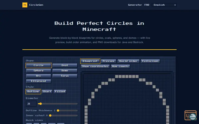 Screenshot of Minecraft Circle Generator — Circles & Spheres