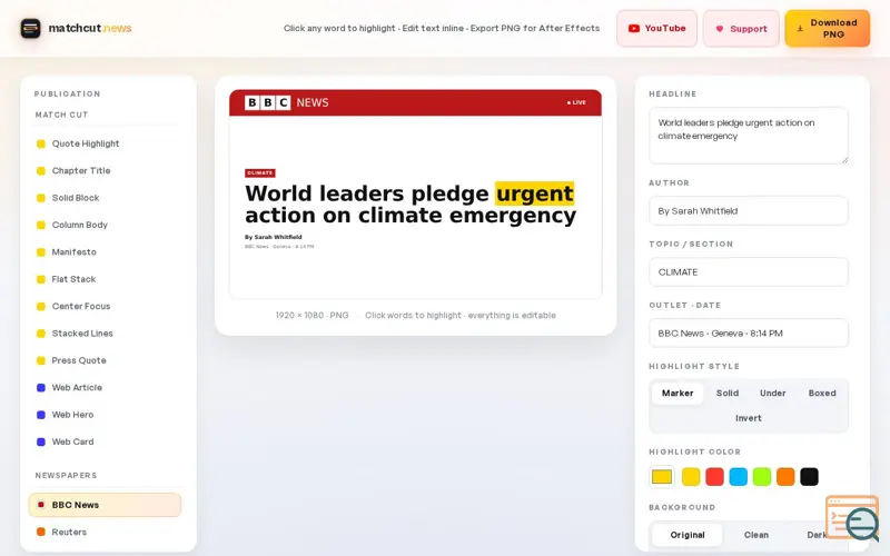 Screenshot of News Match Cut Headline Generator 