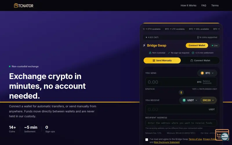 Screenshot of BTCNator Bridge Swap, a launch using Kava (blockchain)
