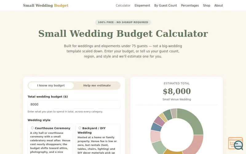 Screenshot of Small Wedding Budget Calculator