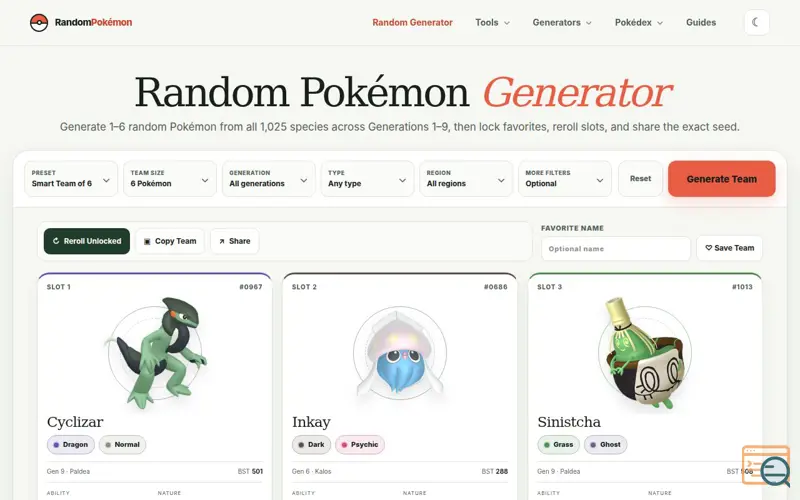 Screenshot of Random Pokémon Generator – Create a Pokémon or Team