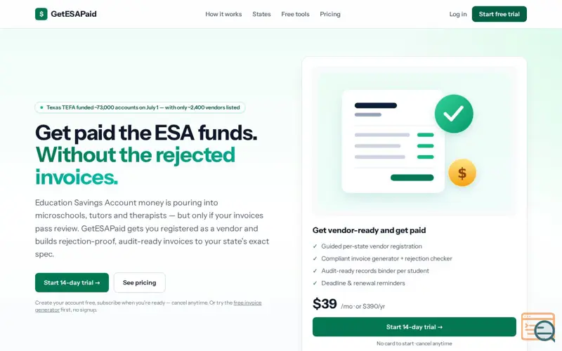 Screenshot of GetESAPaid