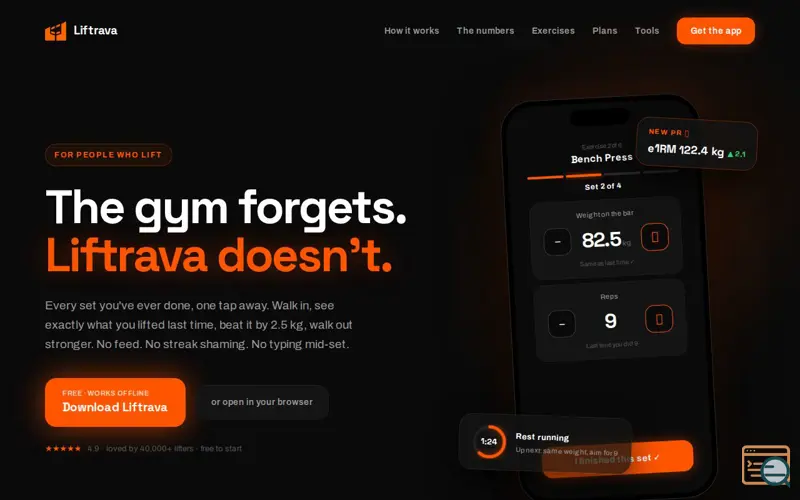 Screenshot of Liftrava — Workout Tracker & Gym Log App | Track Sets, Reps & PRs