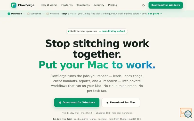 Screenshot of FlowForge — Automation that runs on your Mac, not someone else's cloud