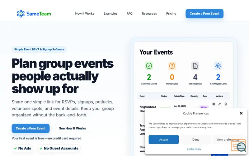 Screenshot of SameTeam Events, a launch using Google Search Console