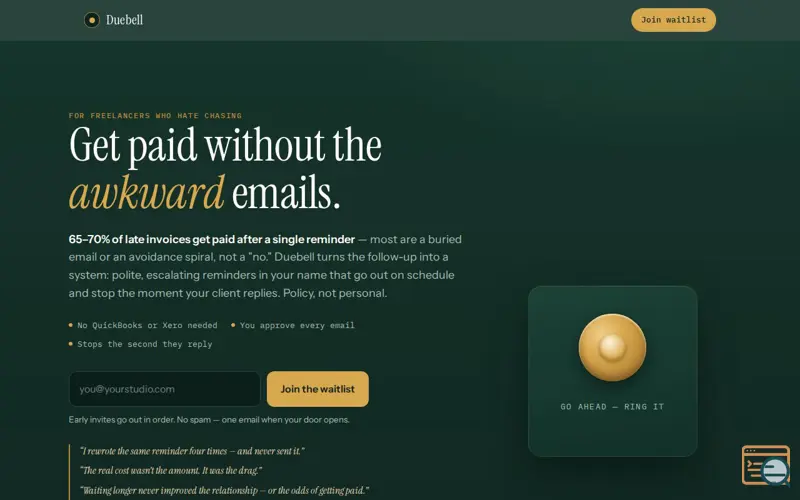 Screenshot of Duebell — Get paid without the awkward emails