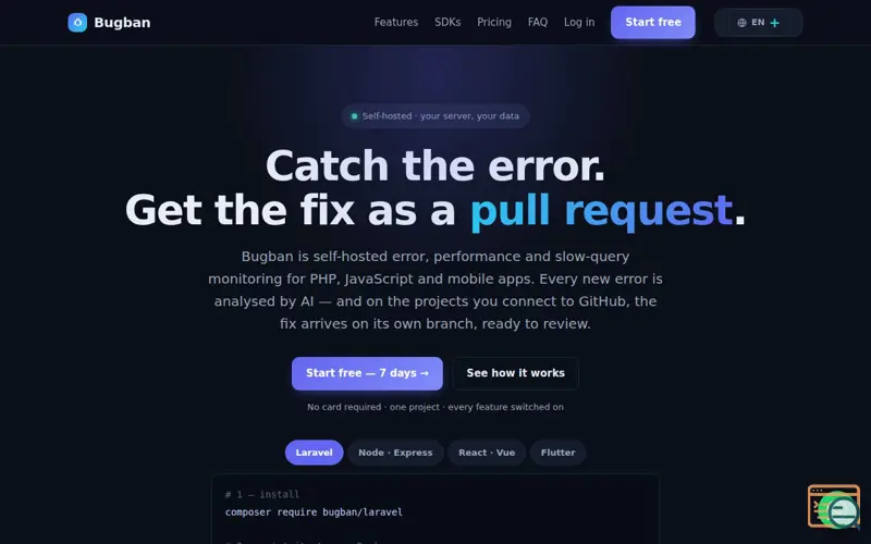 Screenshot of Bugban — Self-hosted xəta izləmə & monitorinq platforması