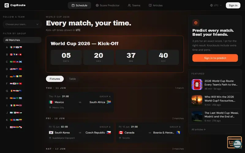 Screenshot of CupRoute - Score Predictor