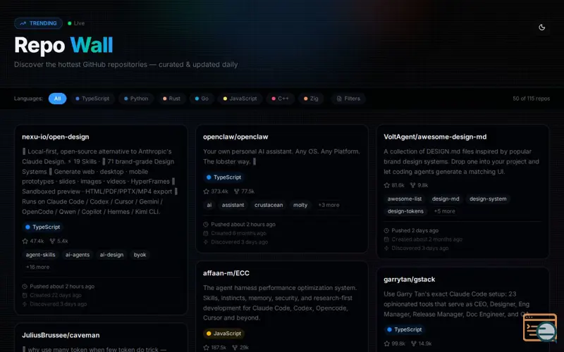 Screenshot of RepoWall — GitHub Trending Aggregator