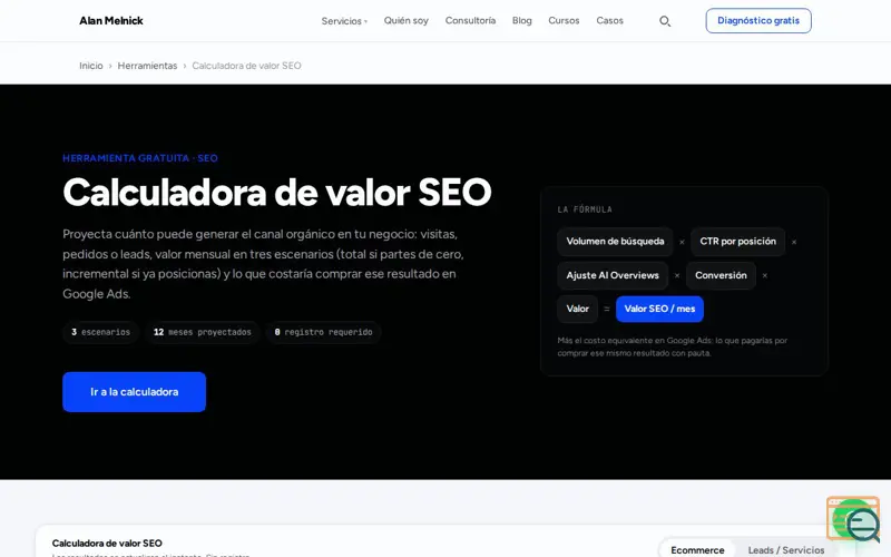 Screenshot of Herramienta de SEO para medir ROI