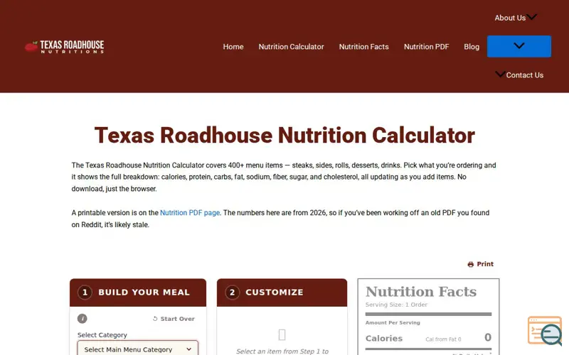 Screenshot of Texas Roadhouse Nutritions
